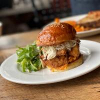 Karate Kim-Chi · Pasture-raised fried chicken, Edwards Bacon, House-made Kimchi and sweet and spicy aioli on ...