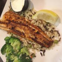 Walleye · A large grilled or fried filet served on a bed of wild grain rice and Tabasco lime sauce. Se...
