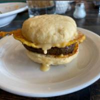 Biscuit Sammich · Just egg patty, your choice of bacon or sausage, nut free cheese sauce, and agave. Strawberr...