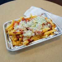 Pizza Fries · Melted mozzarella, topped with pepperoni and pizza sauce.