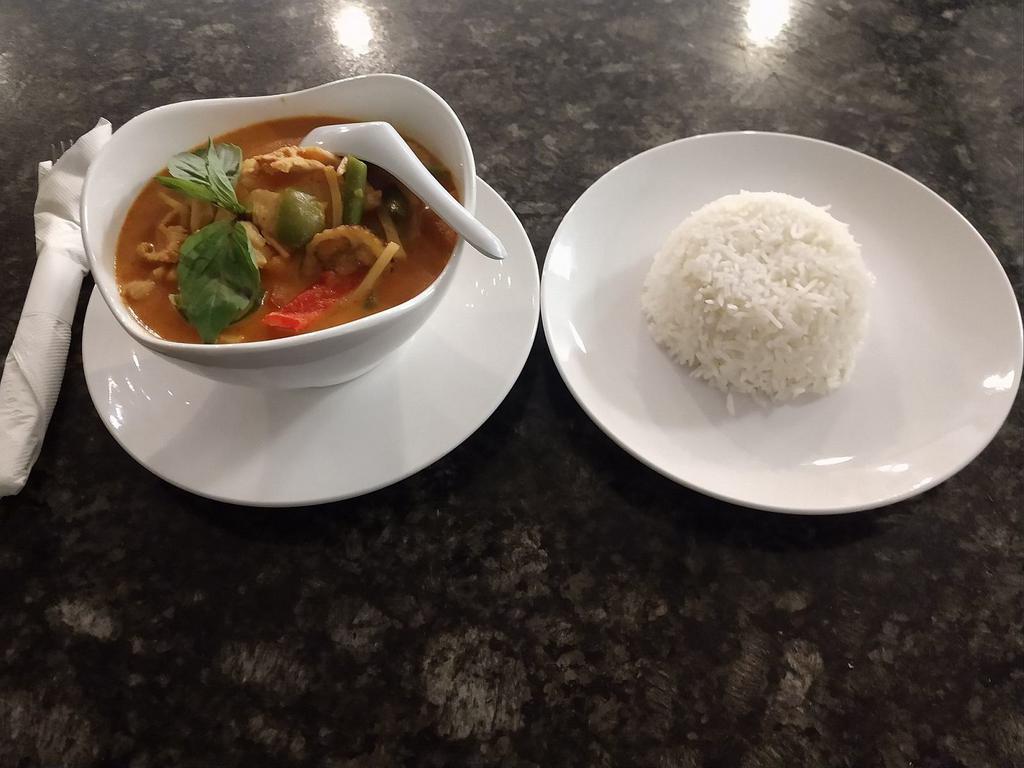 CU02 Kaeng Phed (Red Curry) แกงแดง · Red Curry paste, Coconut Milk, Bamboo Shoots, Green Beans, Zucchini, Eggplant, Red and Green Bell Peppers, and Sweet Basil. - Serve with Rice.  