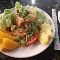 SA03 Yum Wun Sen (Thai glass noodle salad) ยำวุ้นเส้น  · Clear Noodle, Prawns, Squid, Ground Pork, Tomato, Green and White Onion, Cashews, and Cilant...