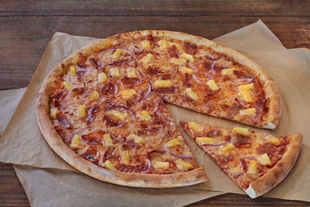 Hawaiian Bacon Pie · Flippin' pizza sauce, 100% whole milk mozzarella, bacon, pineapple and red onion.