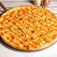 Buffalo Chicken Pie · 100% whole milk mozzarella, chicken marinated in Buffalo sauce and blended with bleu cheese ...
