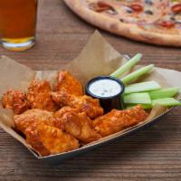 BBQ Wings · Oven-baked bone-in wings with BBQ sauce and choice of cool dip on the side.