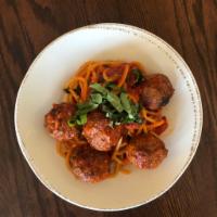 Bigoli with Meatballs · Thick Spaghetti Pasta Sauteed with House-made Beef and Veal Meatballs, Tomato Sauce. 