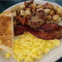Breakfast B · Two Strips of Bacon, One Sausage Patty served with Two Eggs, American Fries, and Toast.