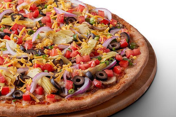 Artichoke Fiesta Pizza · Signature Garlic White Sauce on our Original Crust, topped with Mozzarella, Parmesan, and Cheddar Cheeses, Marinated Artichoke Hearts, Fresh Roma Tomatoes, Mushrooms, Red Onions, Green Onions, and Black Olives.