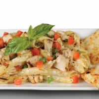 Penne Pollo Rustico Pasta · Penne Rigati, All-Natural Grilled Chicken, Smoked Bacon, Green Onions, and Tomatoes, all tos...
