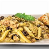Creamy Pesto Chicken Pasta · Penne Rigati, All-Natural Grilled Chicken, Mushrooms, Black Olives, and Mozzarella Cheese, a...