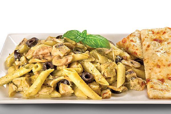 Creamy Pesto Chicken · Penne rigati, creamy pesto sauce, mozzarella, black olives, mushrooms and grilled chicken breast.