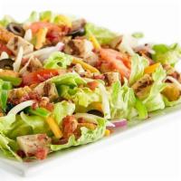 Chicken Bacon Ranch Salad · Bacon, chicken, iceberg lettuce, bell peppers, red onions, black olives, Roma tomatoes, mozz...