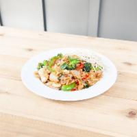 61. Pad Kee Mao · Drunken noodles. Pan-fried wide rice noodles with a house chili and garlic sauce, Thai basil...