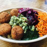 Falafel Fritters · Chickpea, fava beans, spices, herbs, onion, garlic, flour and breadcrumbs.