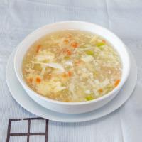 Egg Drop Soup · Minced chicken, water chestnuts, carrots, celery with whipped egg.