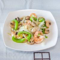 Shrimp with Lobster Sauce · Stir-fried with bell peppers, mushrooms and onions in a black bean egg sauce.