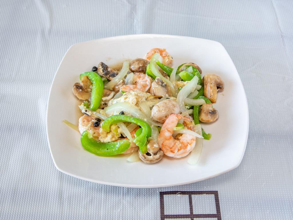 Shrimp with Lobster Sauce · Stir-fried with bell peppers, mushrooms and onions in a black bean egg sauce.