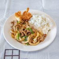 Mongolian Beef Lunch · Sauteed onion and scallions served on a bed of crispy rice noodles. Spicy. 