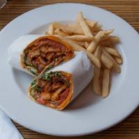 Buffalo Chicken Wrap · With lettuce, tomato, cheddar cheese and bleu cheese or ranch dressing. Served with french f...