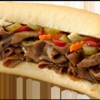 Italian Beef Sandwich · Chicago classic - thinly sliced roast beef marinated in au jus, served on long Italian sub r...