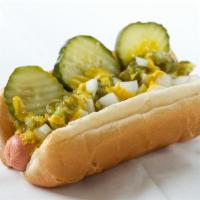 Chicago Dog · Vienna all beef hot dog served on a hot dog bun. condiments include: mustard, onion, relish,...