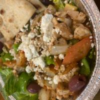 CHICKEN SOUVLAKI SALAD  · Sauteed chicken, peppers, onions, tomatoes, topped with olives, feta cheese over fresh romai...