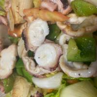 OCTOPUS SOUVLAKI SALAD · grilled sliced octopus, grilled peppers, onions, tomatoes, served over fresh romaine topped ...