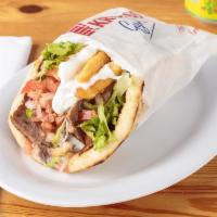 GYRO  · beef and lamb shaved with Lettuce, tomato, onions, tzatziki sauce on grilled pita.