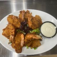 Butterfly Coconut Shrimp · 5 tiger shrimps, battered in beer and coated with panko and coconut, 
fried till golden cris...