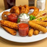 Appetizer Sampler · A mouthwaterting array of our most popular appetizers. Includes mozzarella sticks, onion rin...