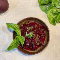 Beets in Tkemali Sauce  · Boiled fresh beets dosed in homemade Tkemali (Georgian plum sauce), garnished with Cilantro .