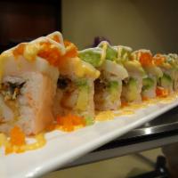 Flaming Butter Fish Roll · Crab, eel, avocado, topped with butter fish, masago, spicy mayo and unagi sauce. Soy paper.