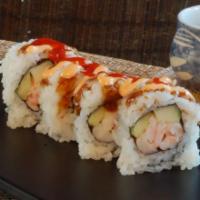 Ebi Roll · 4 pieces. Cooked shrimp, cucumber and sriracha, spicy sauce, and teriyaki sauce.