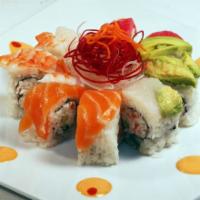 Rainbow Roll · 8 pieces. Tuna, avocado, salmon, snapper, shrimp, crab, and cucumber.