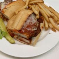 Chicken Parmesan Sub · Panko breaded chicken breast on a toasted sub roll. Topped with homemade marinara and provol...