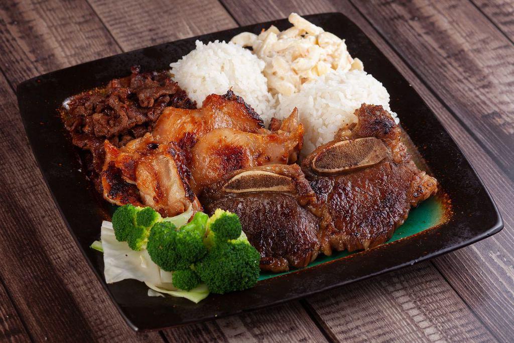 BBQ Mix Plate · BBQ chicken, BBQ beef, and short rib. comes with 2 scoops of white rice and a scoop of house-made macaroni salad.