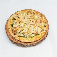 Spinach and Artichoke Pizza · Garlic herb sauce, mozzarella cheese, tomatoes, mushrooms, caramelized onions, baby spinach,...