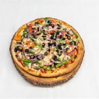 Vegetariano Pizza · Tomato sauce, mozzarella cheese, tomatoes, mushrooms, green peppers, red onions, spinach and...