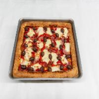 Sicilian Pizza · Served in a square shape. Light tomato sauce, prosciutto, ham, fresh mozzarella, roasted red...