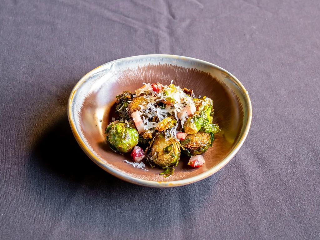 Brussel Sprouts · Crispy pancetta, shaved Parmesan, Worcestershire aioli.
