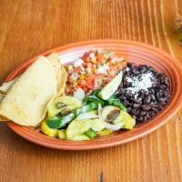 Veggie Plate · Roasted squash, poblano, onion, mushroom, corn tortillas, beans and salsa Fresca.
