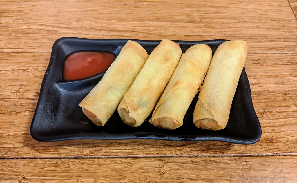 Spring Rolls · 4 pieces of crispy no meat spring rolls. 