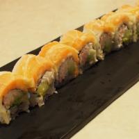 42-Ichi · Crab meat, cucumber and avocado topped w/salmon, lemon and ponzu sauce.