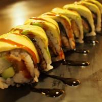 45-Ginza Roll · Eel, cucumber, avocado inside, topped w/avocado and eel sauce.