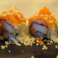 47-My True Love · Salmon, crab meat, avocado, top and spicy salmon, crunch, tobiko.
