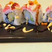 54-Executive Suite · Tempura shrimp and avocado inside tuna, lime and tobiko on top finished w/spicy mayo and eel...