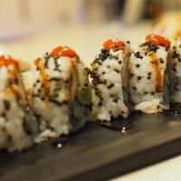 55-Halloween Festival · Eel, crab meat, avocado, cream cheese inside, black tobiko finished w/spicy eel sauce outside.