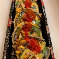 63-Red Devil Roll · Deep fried spicy snow crab, cream cheese, avocado topped with eel sauce, spicy mayo, shirach...
