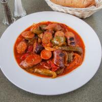 Sausage and Peppers · Chopped grilled italian sausage, onions, green peppers, garlic, in a cherry tomato sauce