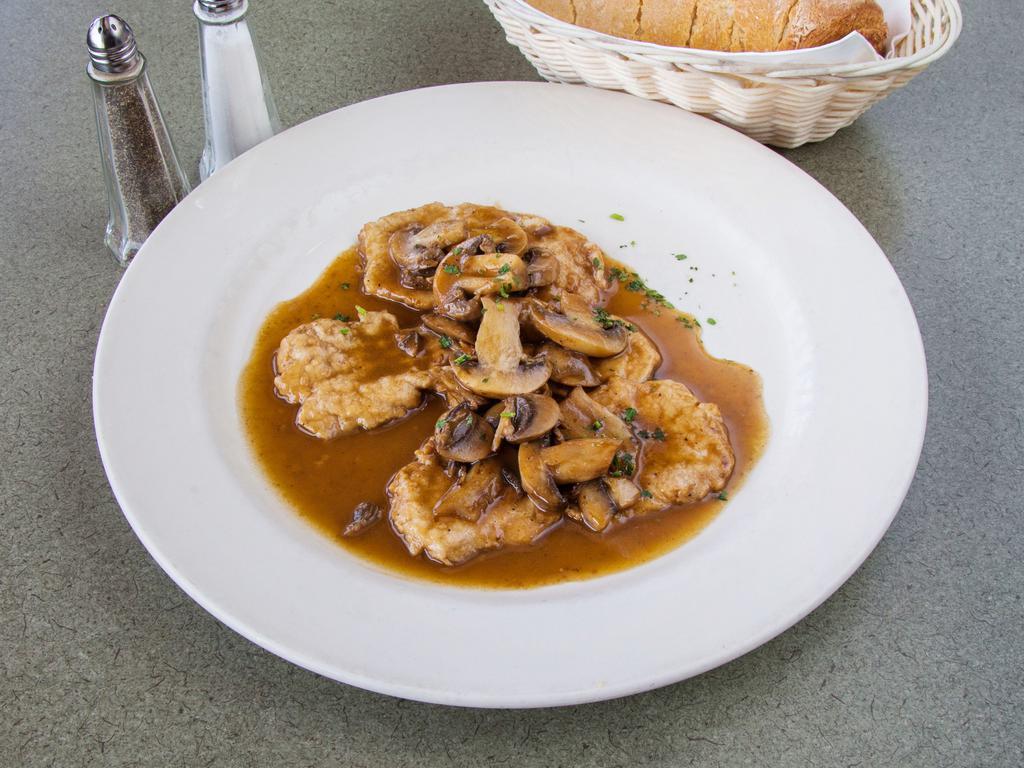Marsala Veal Carry Out · Veal sauteed in Marsala wine with mushrooms. Include bread and salad.
